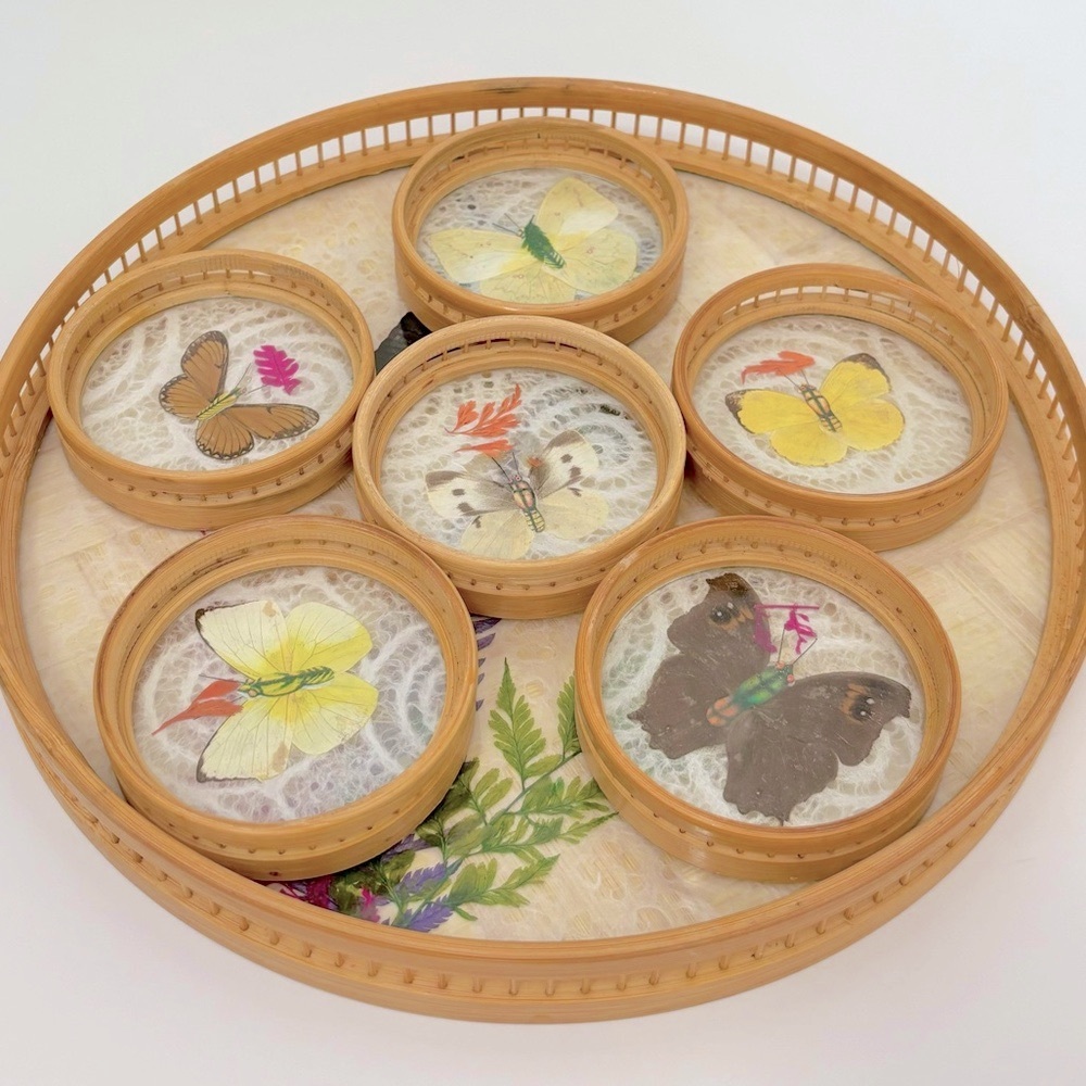 Vintage Wicker Rattan Bamboo Handcrafted Butterfly Tray And Coasters Set